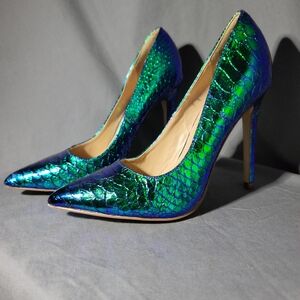 JustFab Vivenne Blue Green Snakeskin Heels